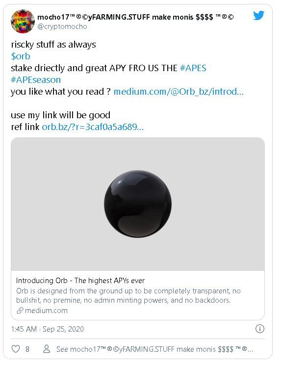 Tweet promocionando el proyecto Orb como riesgoso, pero también con ganancias exhorbitantes. Fuente: @cryptomocho