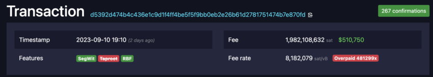 Mempool explorer shows exorbitant transaction fee paid to mining pool.