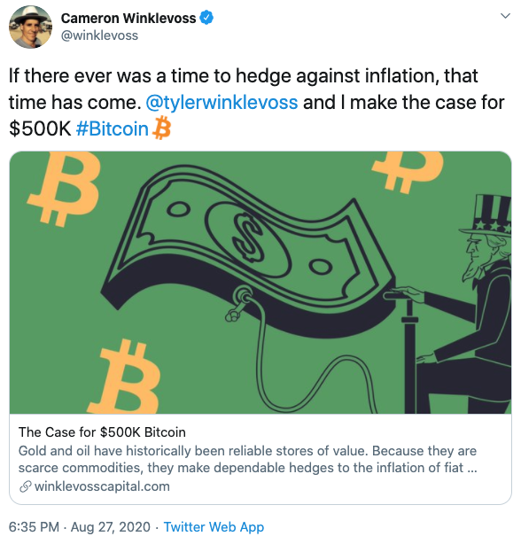 Tuit Winklevoos Bitcoin 500000 dólares