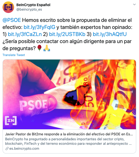 Tuit contacto con el PSOE sobre eliminación efectivo