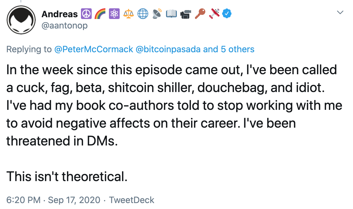 Tuit maximalistas BTC atacan a Andreas
