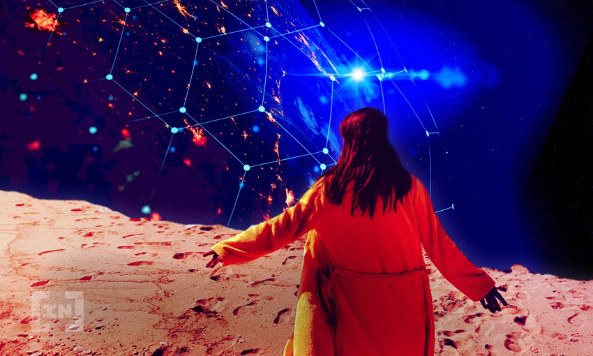 Eine Frau steht im All oder in der Wüste und sieht in den Himmel oder die Galaxy, in der ein neonfarbenes Netzwerk zu sehen ist. Eine Grafik von BeInCrypto.com.