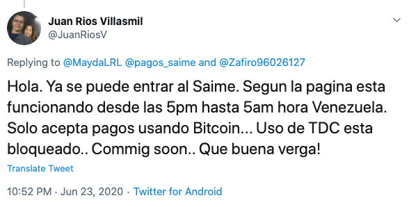 Tuit Juan Rios BTC pasaporte Venezuela