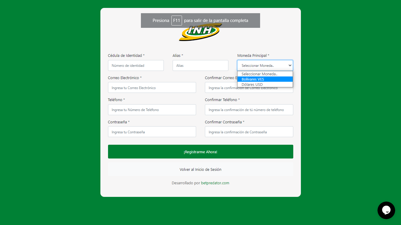 El registro solo señala Bolívares y Dólares como Moneda Principal. Imagen: INH Venezuela