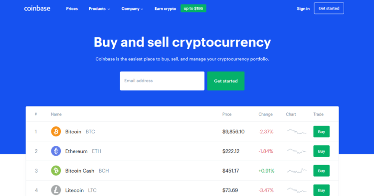 Giao diện chính của Coinbase