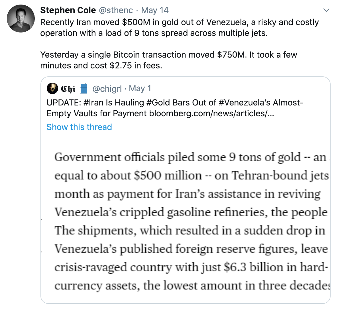 Venezuela e Iran se transfieren oro venezolano