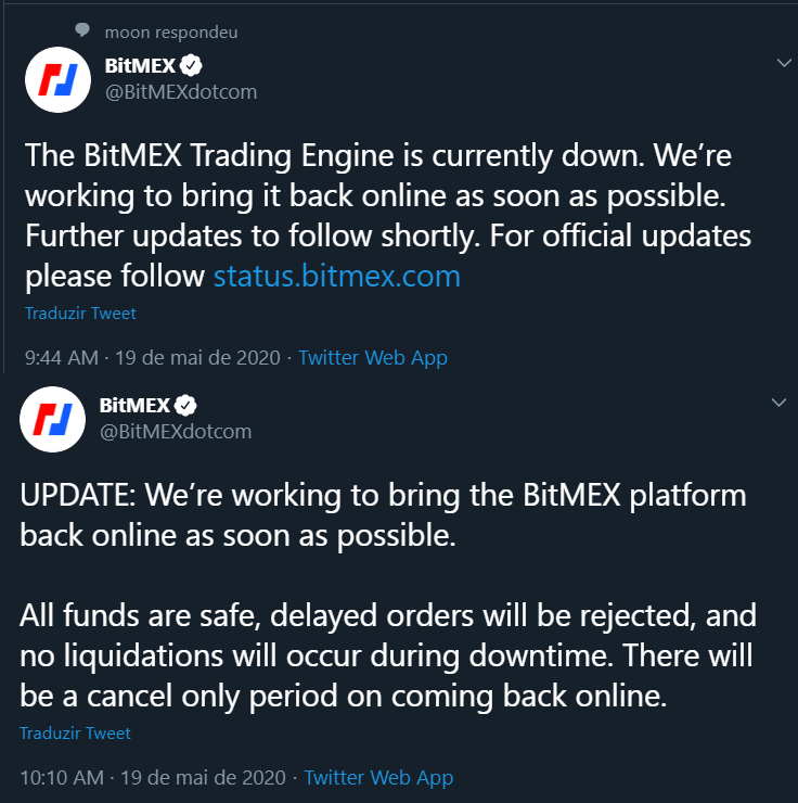 Tweet da BitMEX sobre o sistema fora do ar.