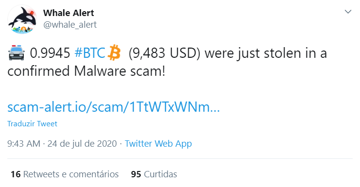 Vítima perdeu 1 BTC para malware
