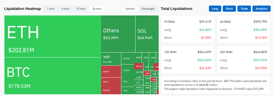 Liquidaciones del mercado cripto - 24 horas. Fuente: Coinglass