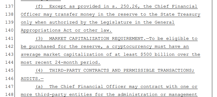Bitcoin es actualmente el único activo elegible de acuerdo a la propuesta. Fuente: FLSenate 