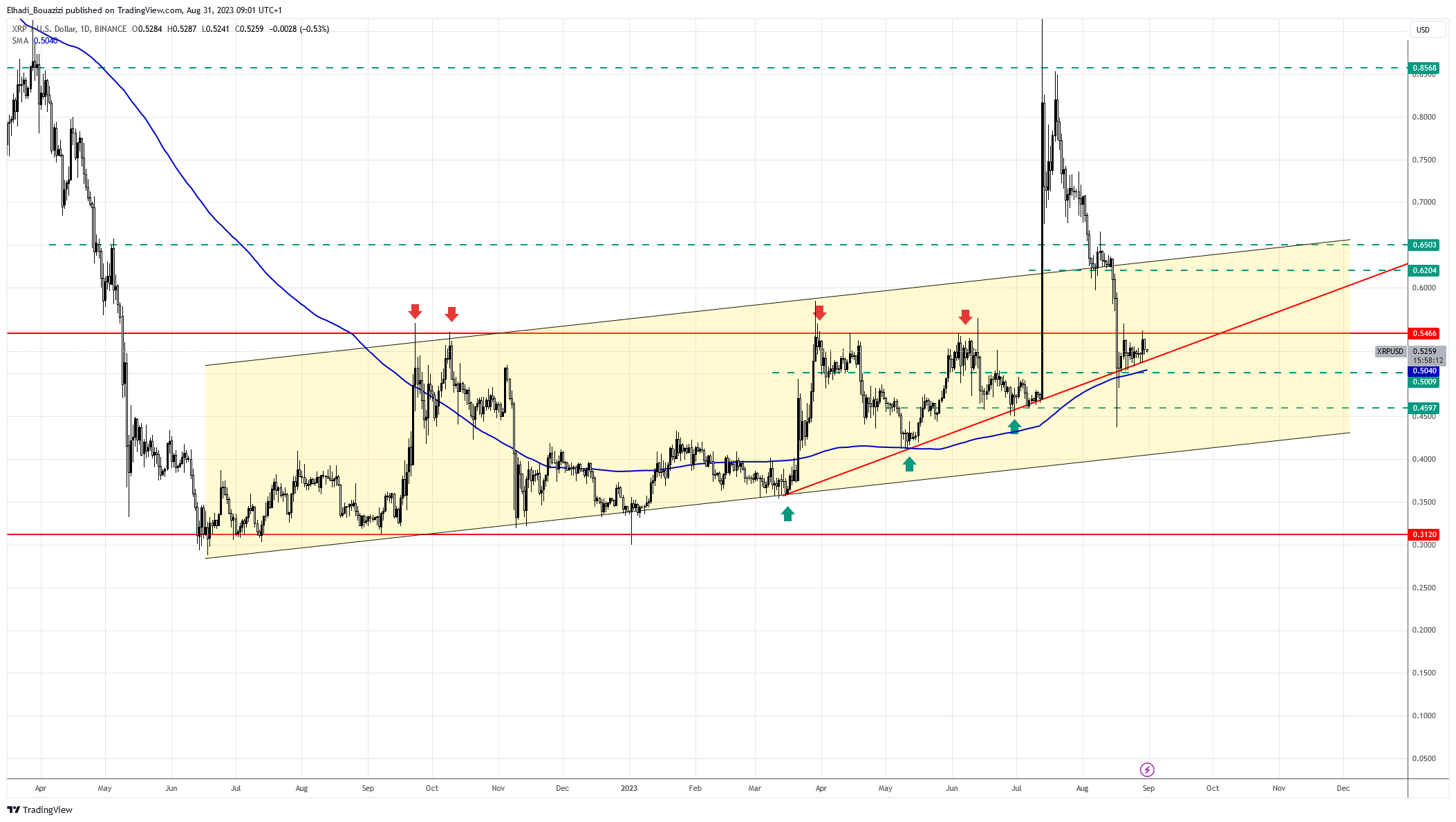 الرسم البياني اليومي لسعر علمة ريبل XRP    المصدر: TradingView 