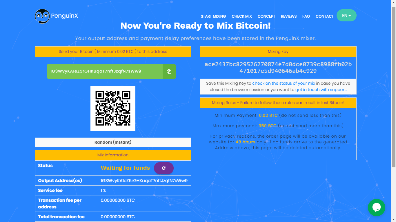 Para anonimizar los fondos de una dirección, PenguinX pide enviar fondos a esa misma dirección. Imagen: PenguinX