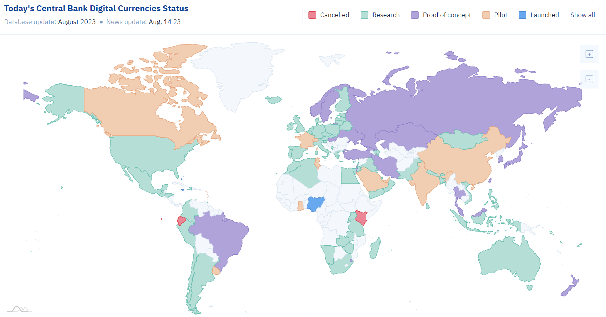 A map of CBDC progress around the world. August 2023.