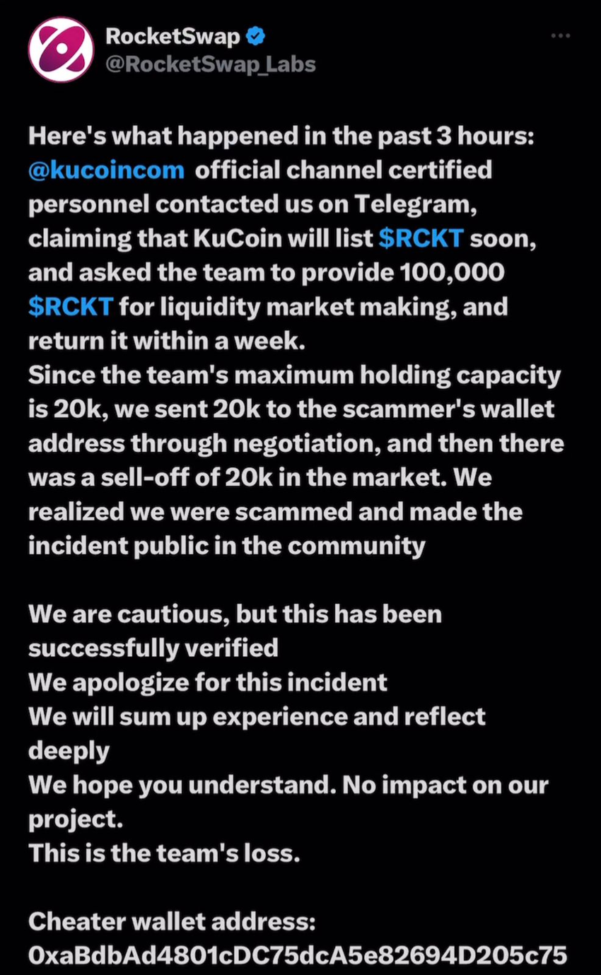 RocketSwap's deleted post. Source: X (Twitter)