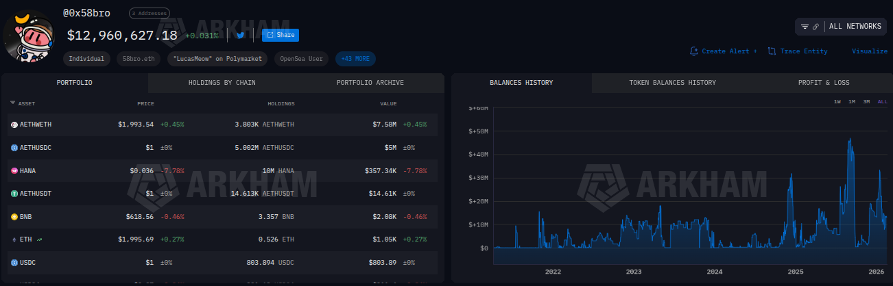 Portafolio de la wallet de criptomonedas del trader millonario anónimo. Fuente: Arkham