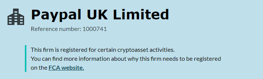 PayPal UK registered for certain cryptoasset activities. Source: FCA