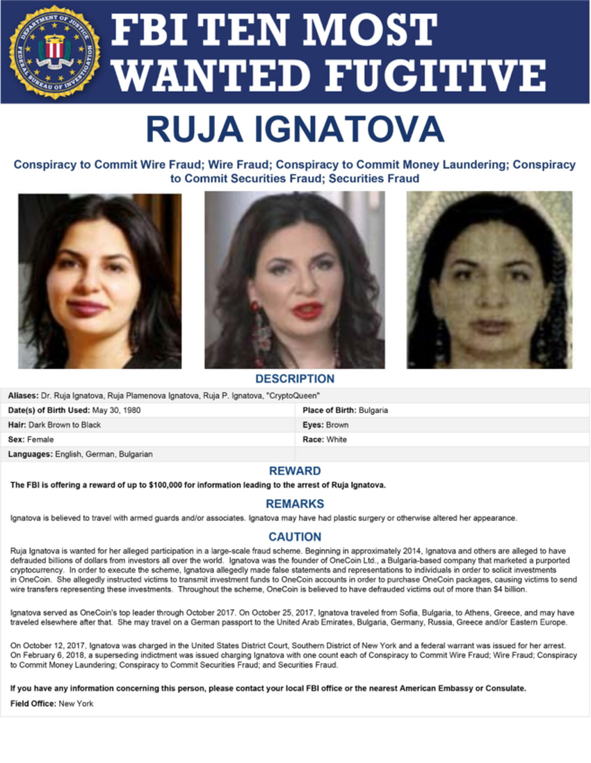 Ruja Ignatova auf der FBI Most Wanted Liste; Quelle: CNN