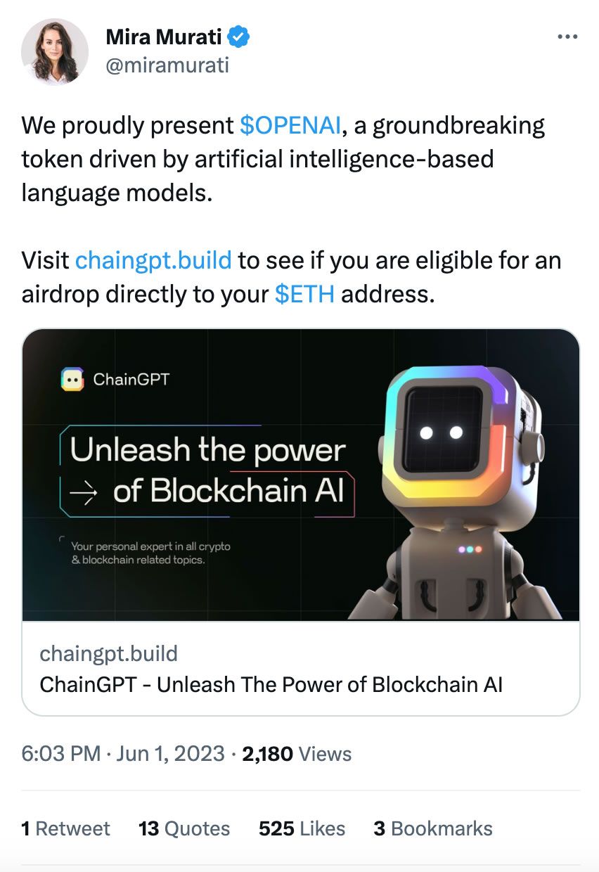 OpenAI CTO Twitter Account Promoting Crypto Token. Source: Twitter/@miramurati