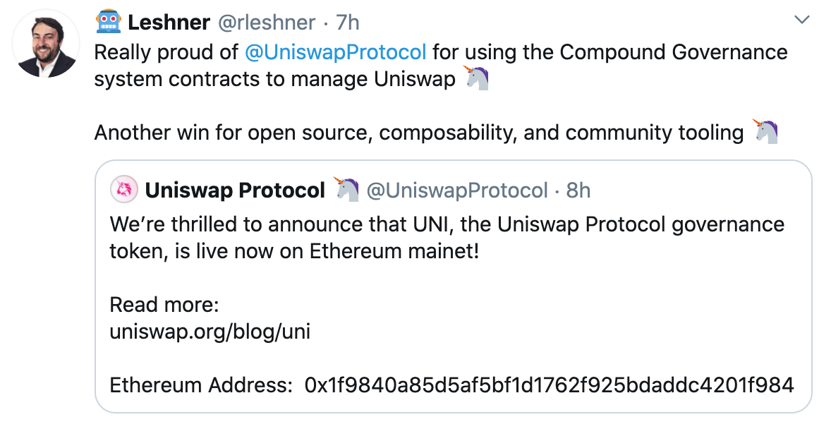 Tuit sobre fundador compound sobre UNI token