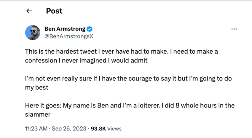 Ben Armstrong was released from jail after eight hours. | Source: X (Twitter)