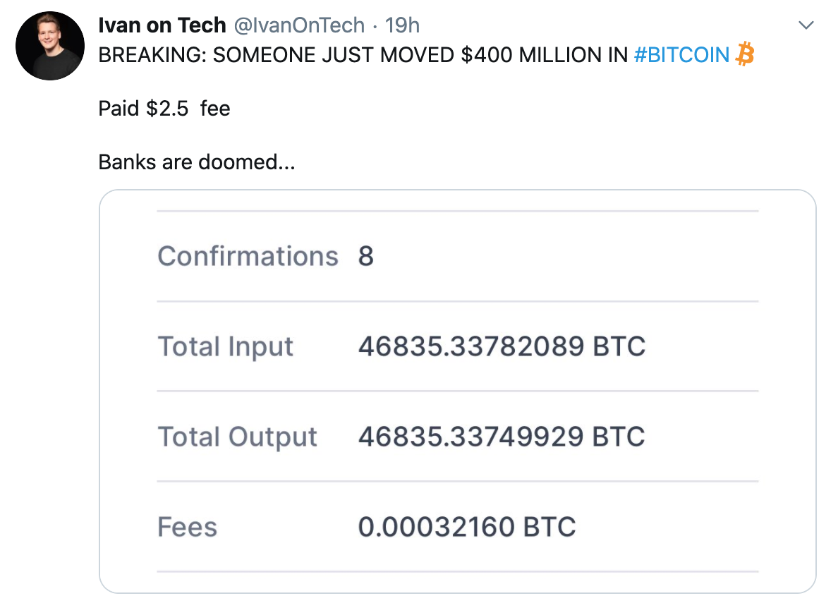 Ivan on Tech tweet sobre mega transferencia de BTC