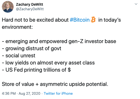 Tuit Zachary Dewitt sobre el clima perfecto para Bitcoin