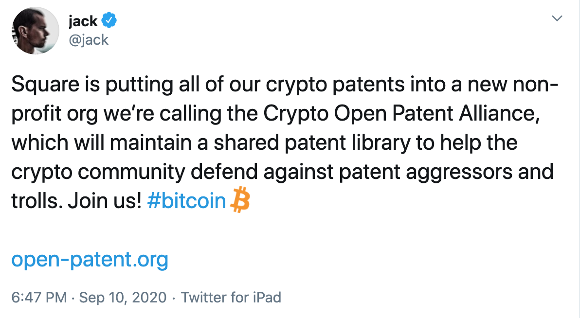 Tuit Jack Dorsey patente Square