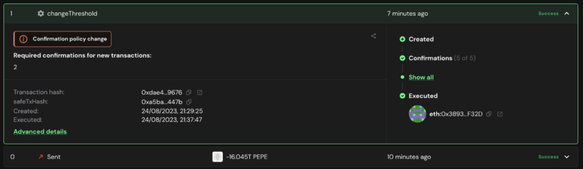 Community suspects change in multi-sig threshold on Pepe memecoin wallet. Source: X (Twitter)