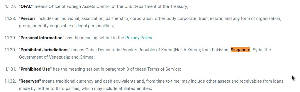 Singapur ha sido una de las jurisdicciones prohibidas para Tether.