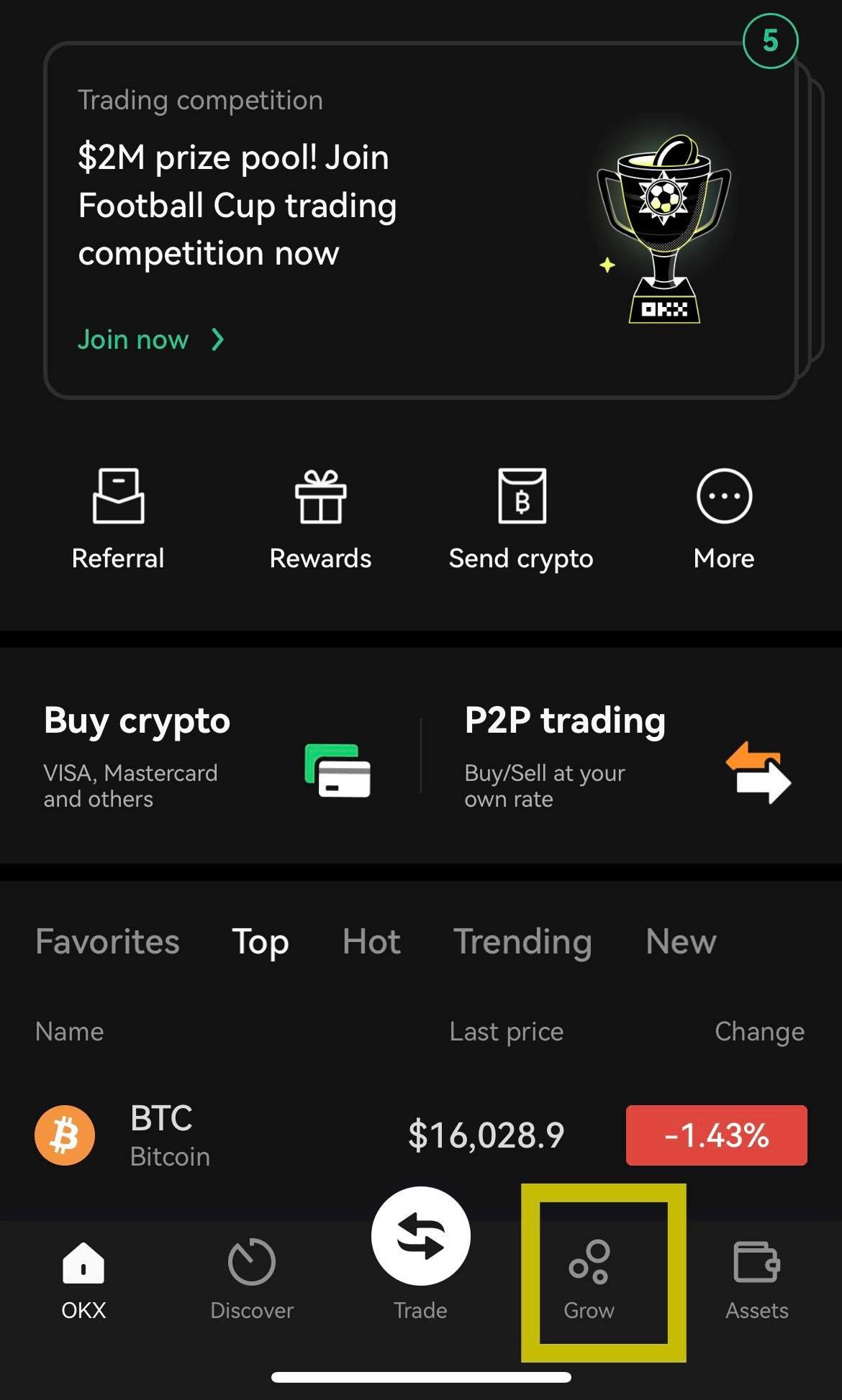 صورة تظهر grow والتي يمكن من خلالها إستثمار مدخرات العملات الرقمية على أوك إكس Okx