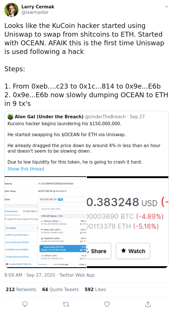 Tuit Larry Cermak KuCoin hack