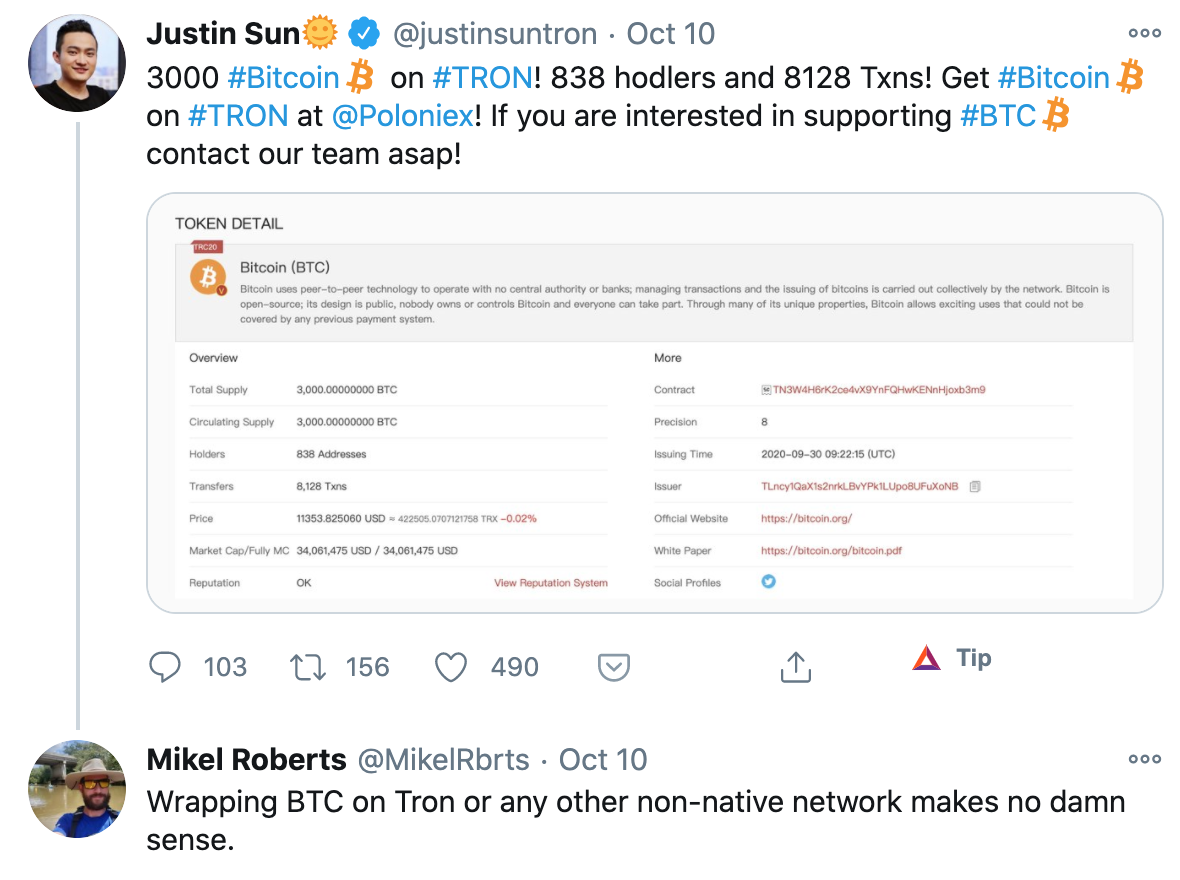 Tuit Justin Sun wrapping tron