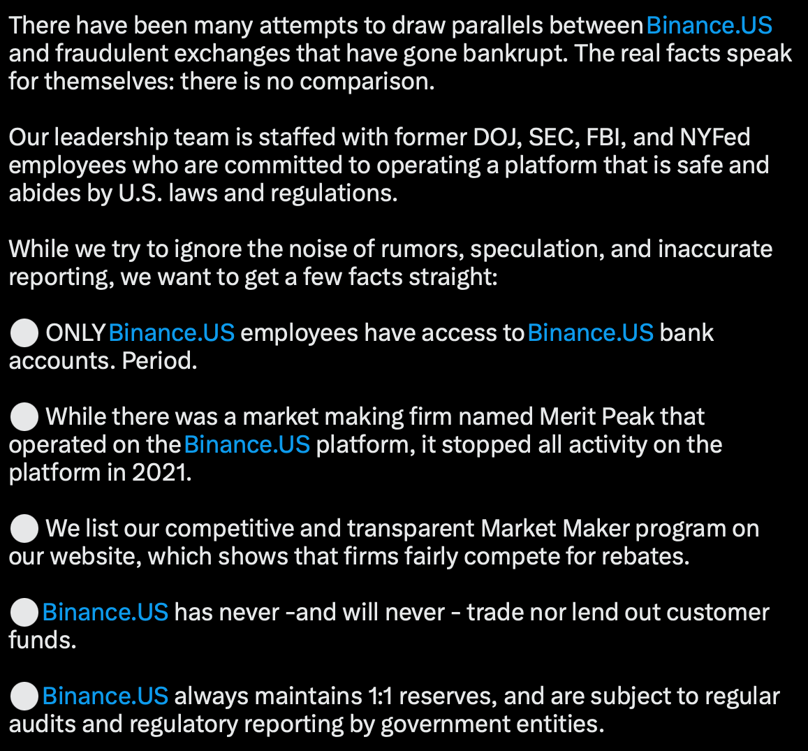 Screenshot shared by Binance.US 