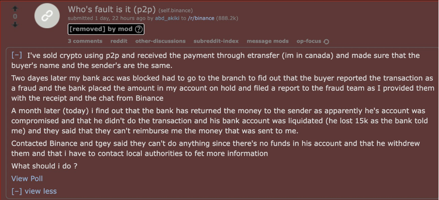 A Reddit thread highlighting problems over Binance’s P2P marketplace Source: Reddit
