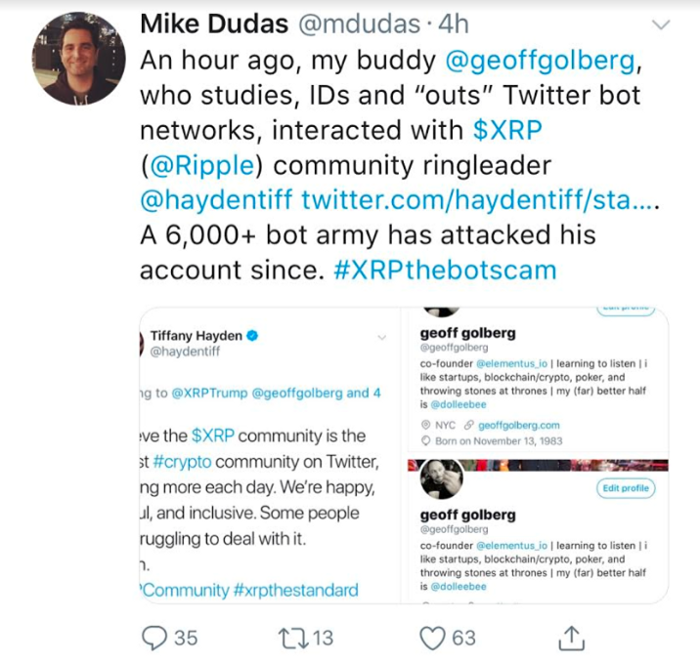 Un ataque del XRP Army contra Geoff Golberg, denunciado por Mike Dudas. Image: Medium