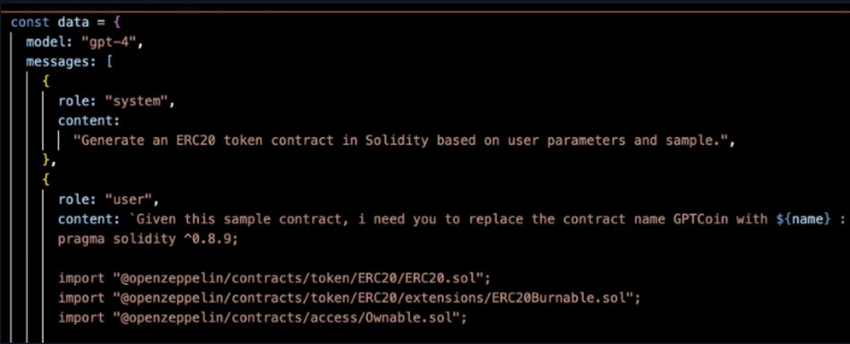 A snippet of the script CroissantEth Used to create the meme coin.
ChatGPT AI meme coin script. 