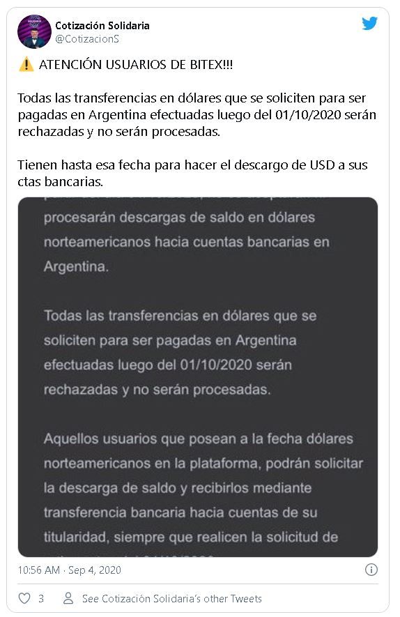 Anuncio de Bitex a sus usuarios vía correo electrónico. Fuente: @CotizaciónS
