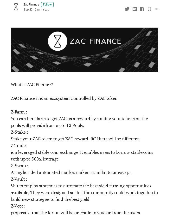 Fragmento de la descripción de ZAC Finance en su Medium oficial. Fuente: https://medium.com/@zac.finance.token 