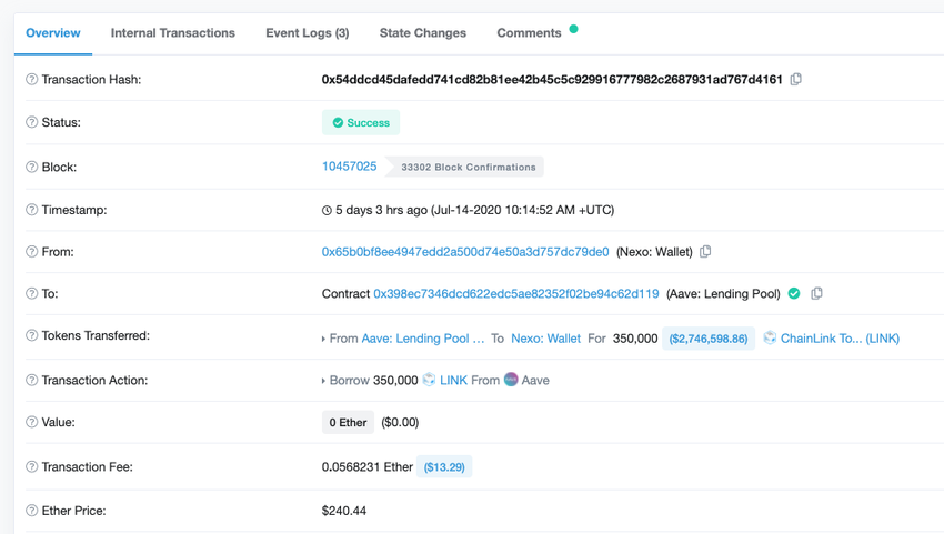 etherscan transaction of Link from Aave to Nexo