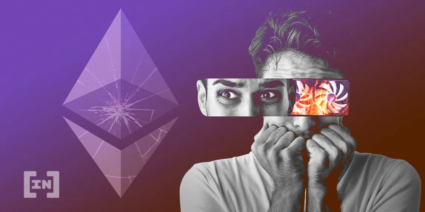 Ein Mann mit einem verzerrten Gesicht, hinter dem sich eine brennende Computer Grafikkarte verbringt, blickt seitwärts auf ein zerbrochenes Ethereum Logo. Ein Design von BeInCrypto.com.
