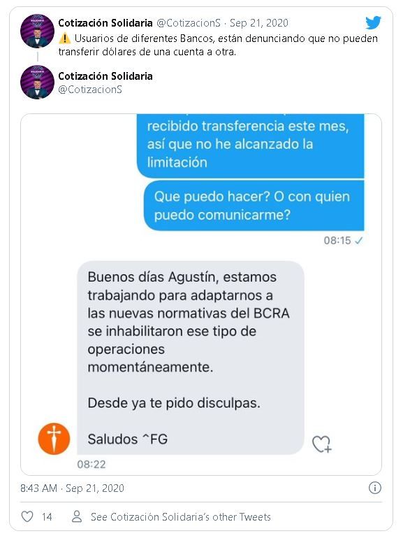 Captura aparente de la atención al cliente del Banco Galicia que especifica el bloqueo de las transferencias en dólares. Fuente: @CotizacionS