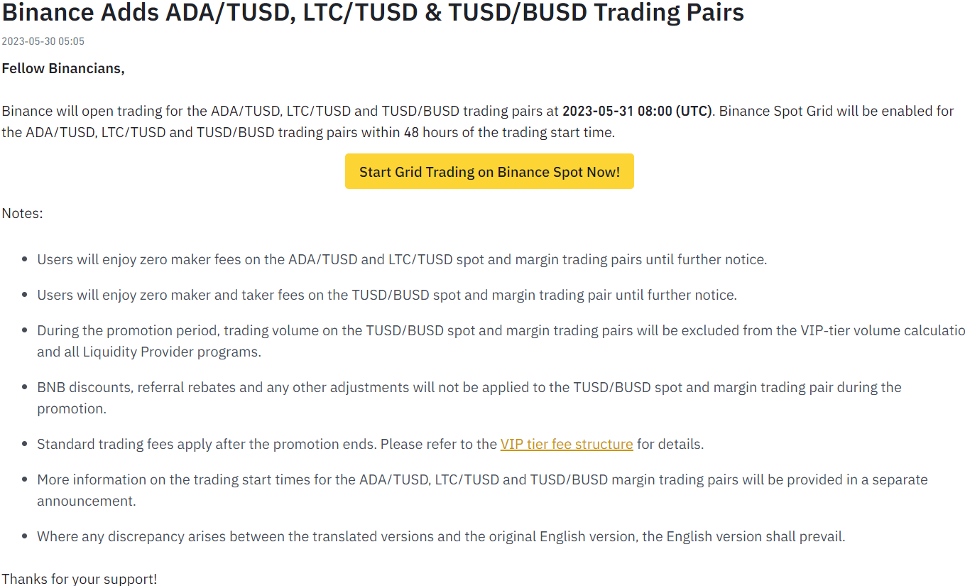 Binance ADA/TUSD Ankündigung