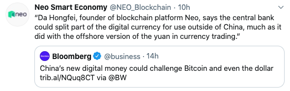 Tuit sobre CNBC Chino del CEO de Neo