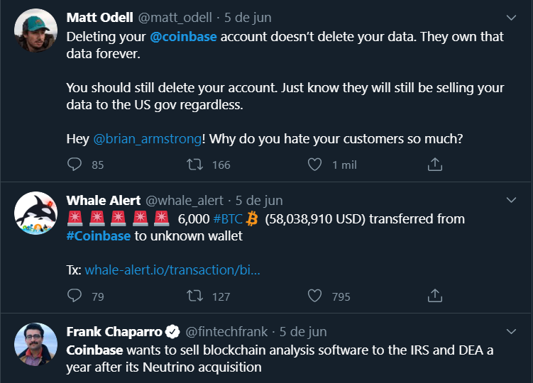 Tweets sobre a Coinbase