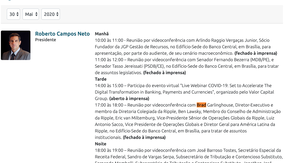 Agenda del Presidente del Banco Central de Brasil. A las 5pm tuvo una videoconferencia con Ripple. Fuente: Banco Central de Brasil