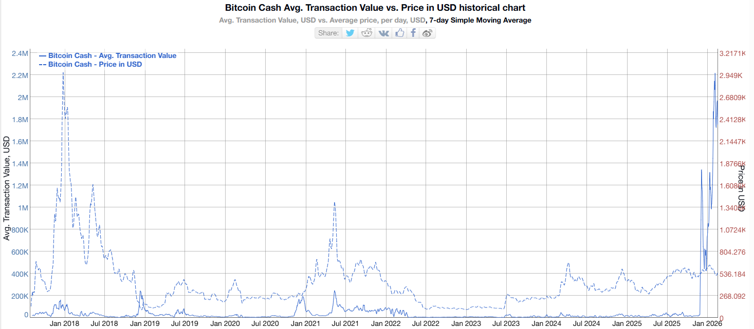Giá trị giao dịch trung bình của Bitcoin Cash. Nguồn: Bitinfocharts