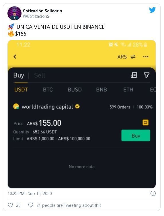 Única oferta en Binance a pocas horas del anuncio. Fuente: @CotizaciónS