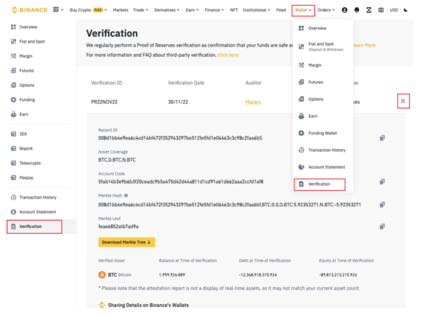 Zero-knowledge proofs prove a user's balance was included in the calculation of the Merkle Root hash in Binance's reserves report.