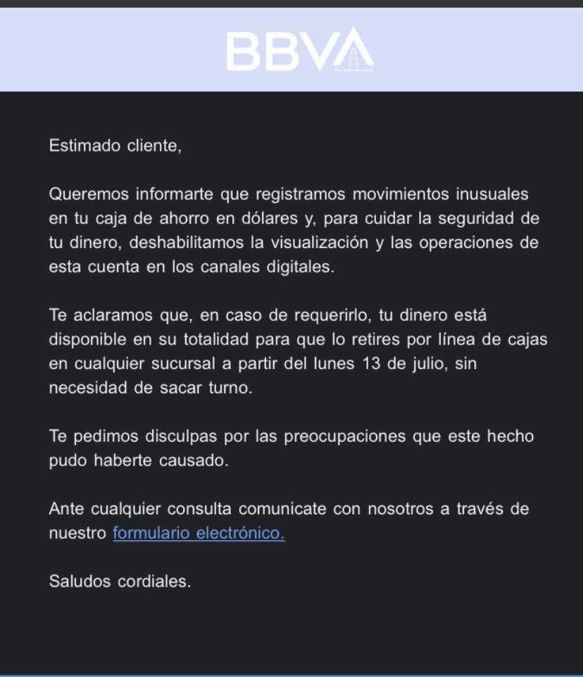 BBVA Argentina aclara bloqueo de dinero