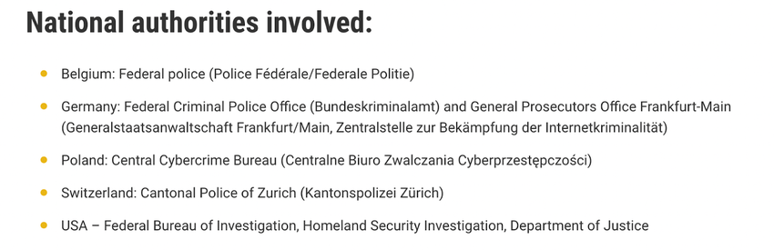 Screenshot from the Europol annoouncement